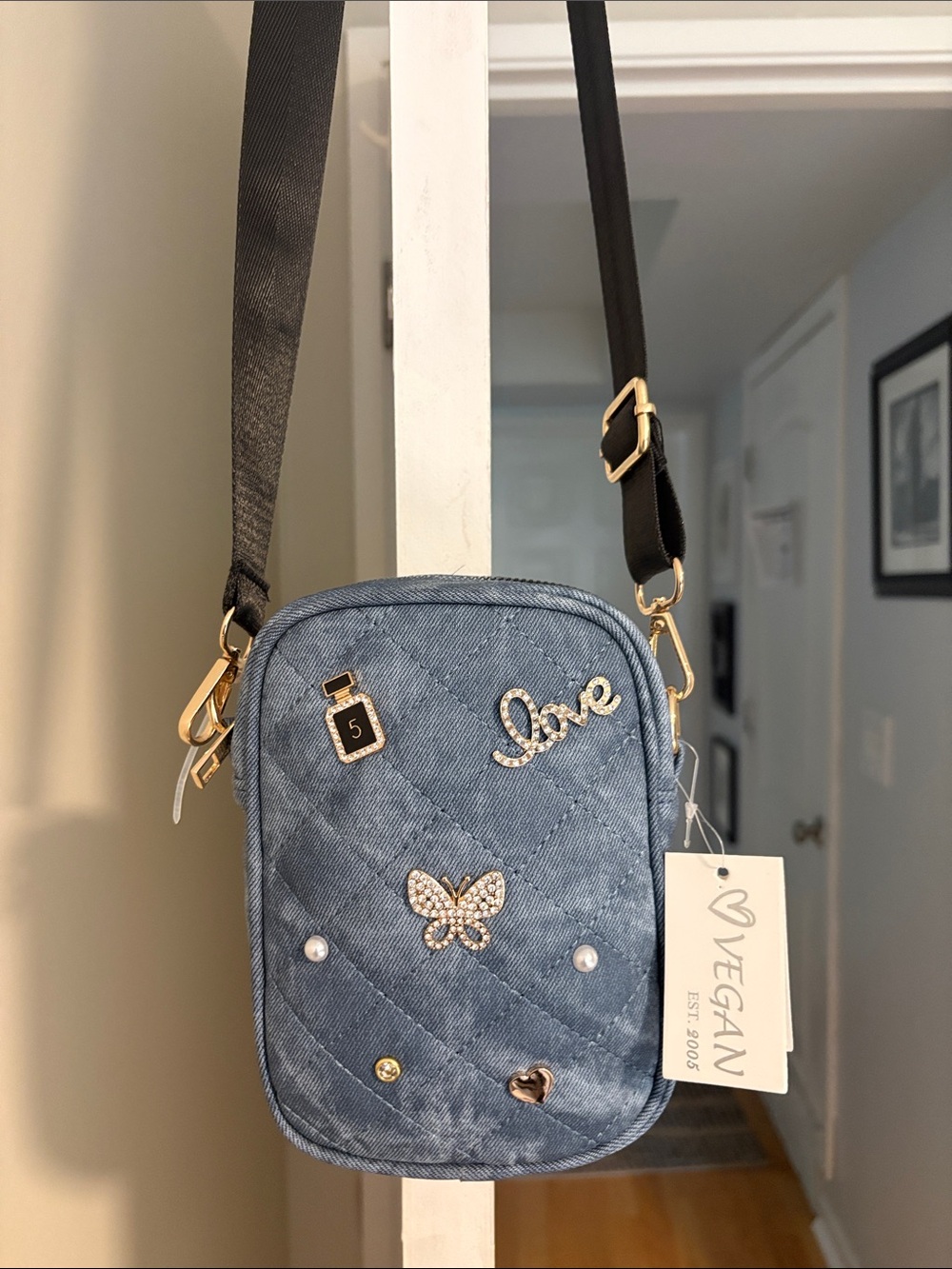 Vegan Denim Quilted Crossbody Bag in Light Blue. NWT.